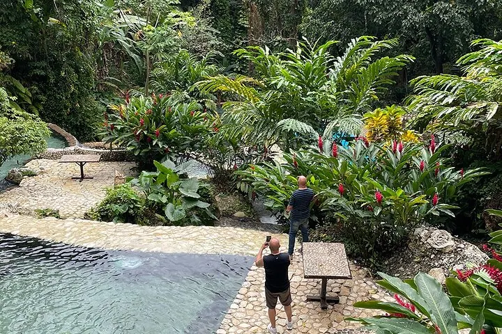 People standing near a natural stone pool surrounded by lush tropical plants.